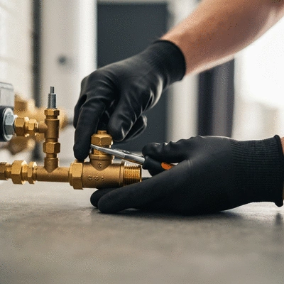 A professional plumber checking the pressure valve on a residential hot water unit