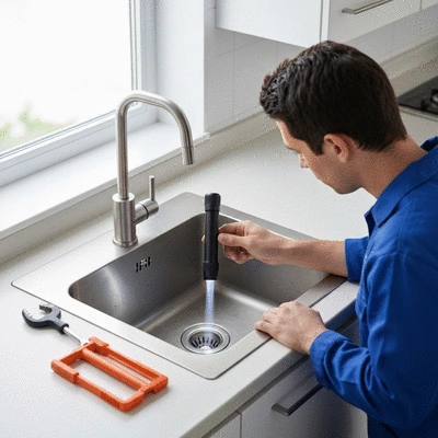 Professional plumber inspecting a kitchen sink drain with a flashlight