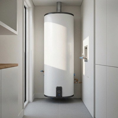 Modern energy efficient hot water system installed in a residential laundry room