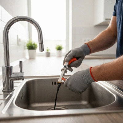 Professional plumber inspecting a kitchen sink drain with tools