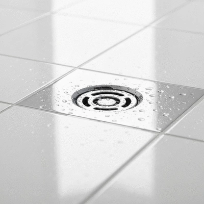 Close up of a clean chrome bathroom floor drain strainer
