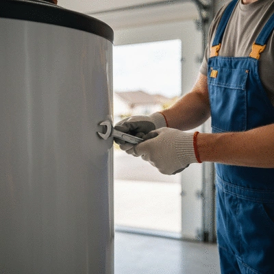 Professional plumber inspecting a modern hot water tank unit