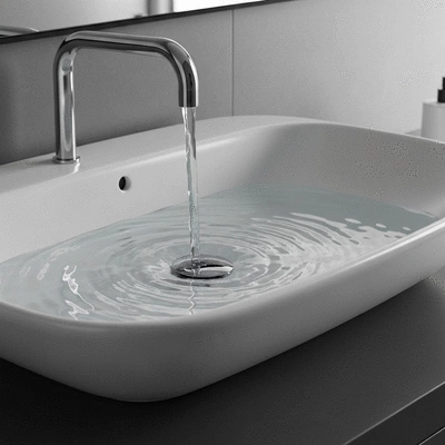Modern bathroom sink with water draining slowly