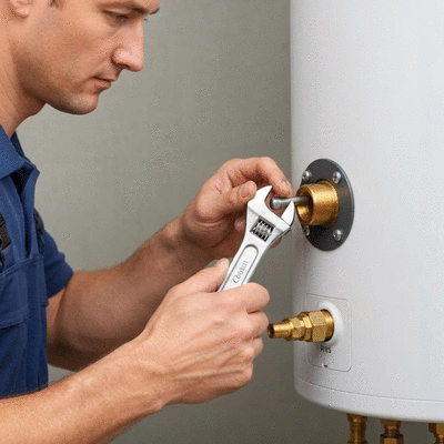 A professional plumber inspecting a gas hot water unit with tools