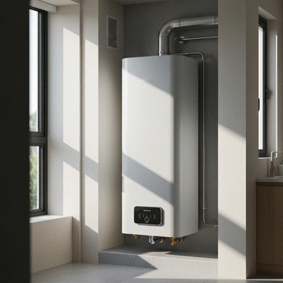 Modern electric hot water system tank installed in a clean residential utility room