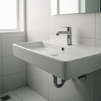 Close up of a modern bathroom sink with clear flowing water