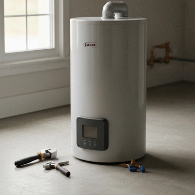 Technician tools and a new hot water system component on a clean floor