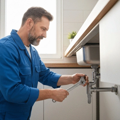 Professional plumber fixing a leaking pipe under a kitchen sink