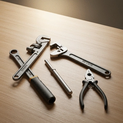 Close-up of professional plumbing tools on a wooden surface